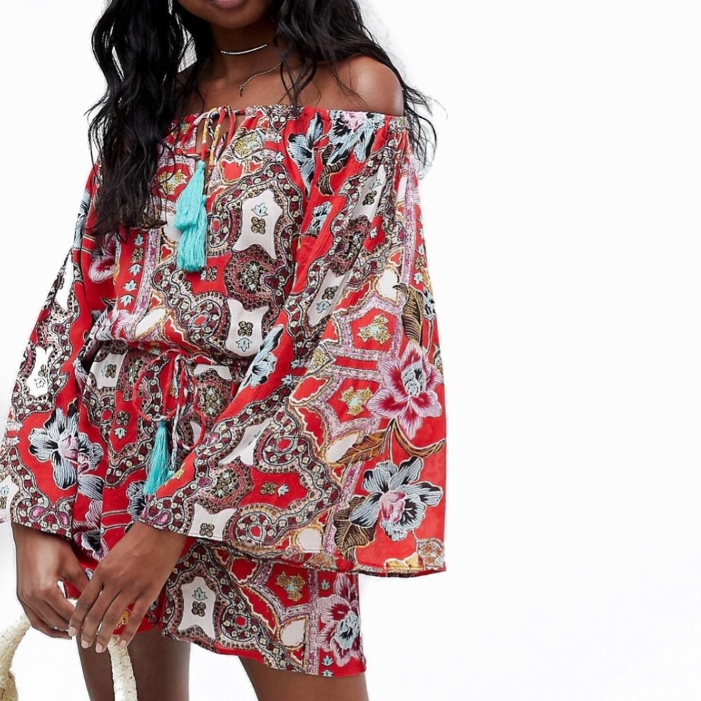 Folk Paisley Print Off Shoulder Beach Romper
